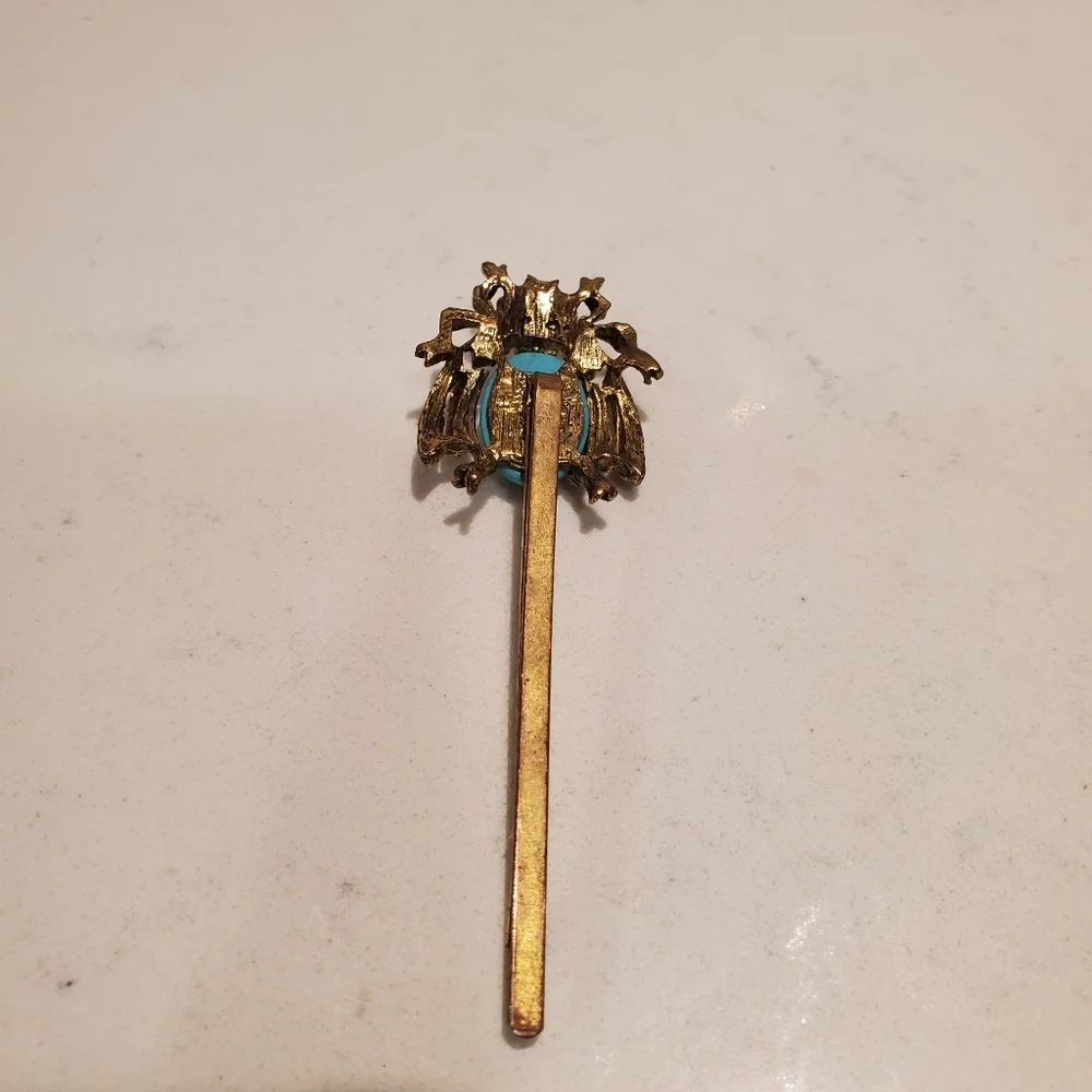 Turquoise Jem Beetle Brass Hair Pin Teal Stone Rhinestones Preppy Vintage Artsy